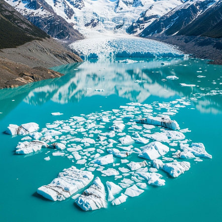 Aerial view of glacier and lake