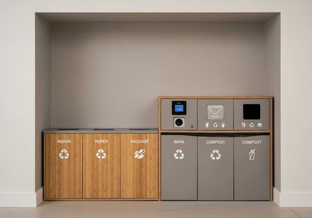Recycling bins in a modern office, closeup of photo