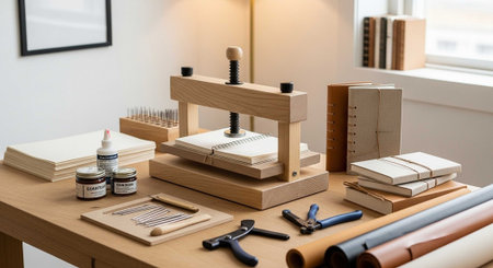 Wooden table with tools and books on it in the room.