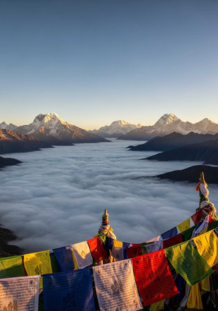 Beautiful view of the Himalayas with prayer flags and clouds
