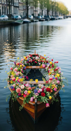 Flower arrangement on a boat in Amsterdam, Holland, Netherlands.の写真素材