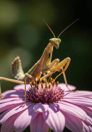 Praying mantis (Mantis religiosa) on purple flower