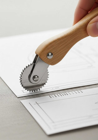 Hand holding a tool and cutting a sheet of paper on a tableの写真素材
