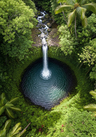Aerial view of a waterfall in a tropical forest surrounded by greeneryの写真素材