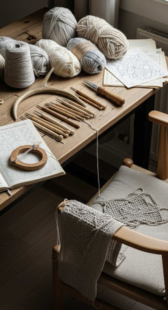 Knitting yarn and needles on a wooden table in a home workshop