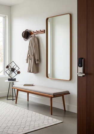Interior of modern bathroom with wooden bench and mirror. 3d renderの写真素材