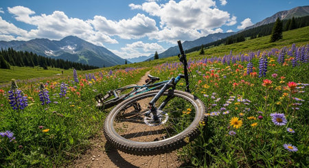 Mountain bike in the alpine meadow with wildflowers