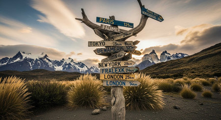Wooden signpost in the alps at sunset.の写真素材