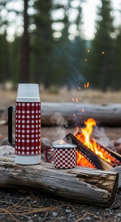 Coffee mug on fire in forest. Camping concept.の写真素材