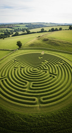 Aerial view of a maze in the middle of a meadow