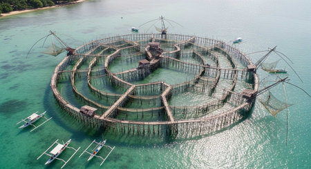 Aerial view of a fish trap in the sea.