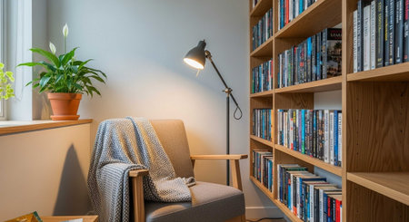 Comfortable armchair and bookshelves in library, interior designの写真素材