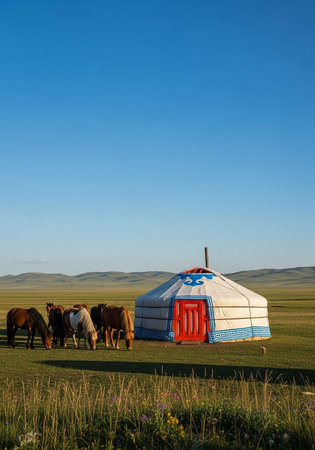 A colorful yurt with a red door and blue accents stands in a vast, open grassland with several horses grazing nearby.の写真素材