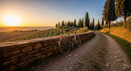 A vintage bicycle leans against a stone wall on a gravel path at sunrise in Tuscany, with cypress trees and rolling hills in the background.の写真素材