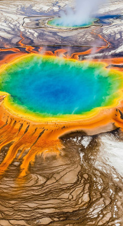 Aerial view of the vibrant Grand Prismatic Spring in Yellowstone, showcasing vivid blues, greens, and oranges in a geothermal landscape.の写真素材