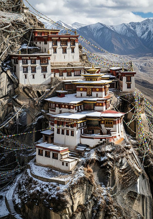 A multi-level Buddhist monastery perched on a rocky cliff, surrounded by snow-covered mountains and cables.の写真素材