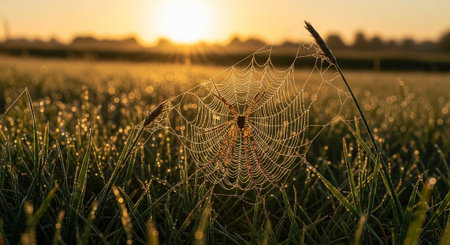 A delicate spider web covered in dew in a wheat field at sunset.の写真素材