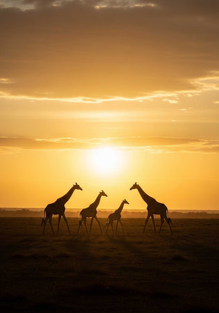 Four giraffes walking in silhouette against a vibrant sunset in the African savannah.の写真素材