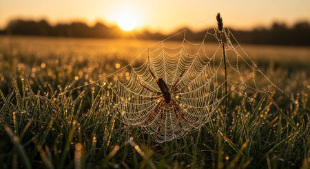 A detailed spider web with dew drops in a grassy field at sunrise.の写真素材