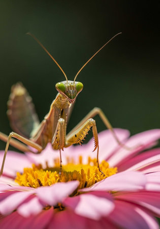 A detailed close-up of a green praying mantis perched on a pink flower with yellow center.の写真素材