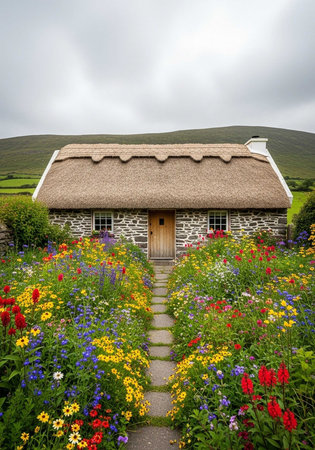 Charming stone cottage with thatched roof, surrounded by a lush, colorful garden leading to the front door.の写真素材