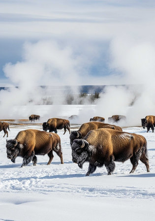 A group of bison traversing a snowy landscape with geysers steaming in the background.の写真素材