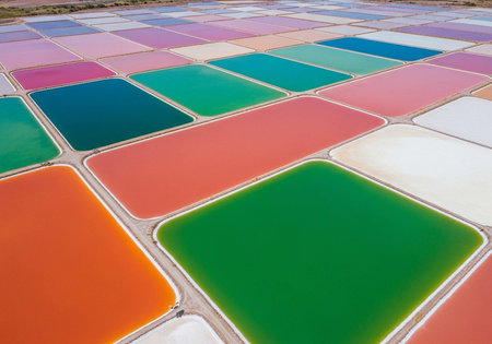 Aerial view of rectangular salt evaporation ponds filled with vibrant colors.の写真素材