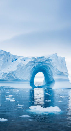 A large iceberg with a natural arch stands in icy blue waters, surrounded by smaller ice floes under a clear sky.の写真素材