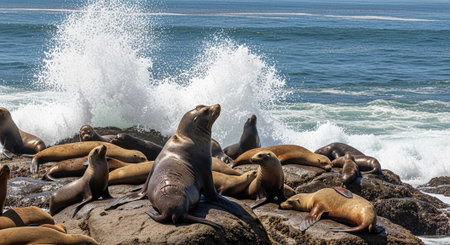 Group of sea lions lounging on rocks by the ocean, with waves crashing nearby.の写真素材