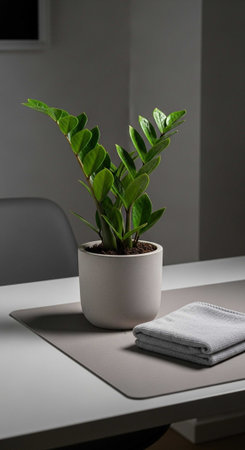 A lush green plant in a white pot on a white table with a folded gray towel.の写真素材