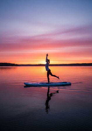 Silhouette of a person standing on a paddleboard at sunset over calm water.の写真素材