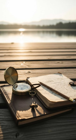A serene lake scene with a wooden dock featuring a compass, key, and open book at sunsetの写真素材
