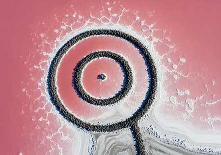 Aerial view of a spiral shaped salt formation in a pink lake with white salt depositsの写真素材