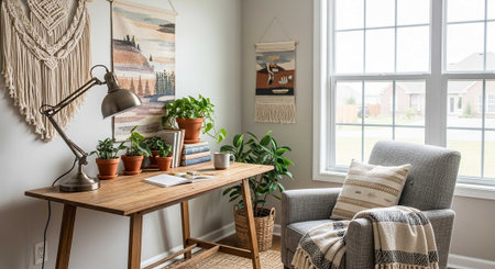 Cozy home office with wooden desk, potted plants, and a comfortable chair near a large window.の写真素材
