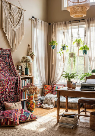 Cozy boho living room with colorful pillows, woven decor, hanging plants, and natural light.の写真素材