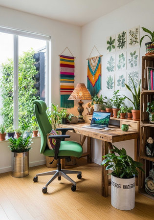 A sunny home office with a wooden desk, green chair, and numerous potted plants. Colorful wall hangings and a lamp add to the decor.の写真素材