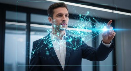 A businessman in a suit interacting with a futuristic digital interface in a modern officeの写真素材