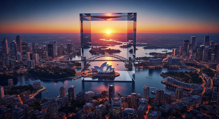 A stunning cityscape at sunset with a futuristic glass structure and iconic landmarksの写真素材