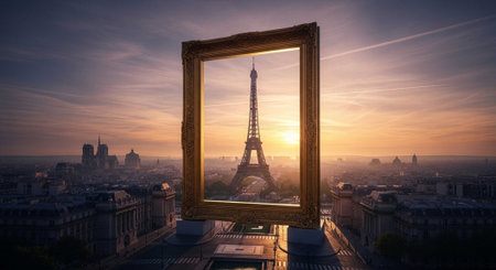 A framed view of the Eiffel Tower at sunset in Paris with a cityscape backgroundの写真素材