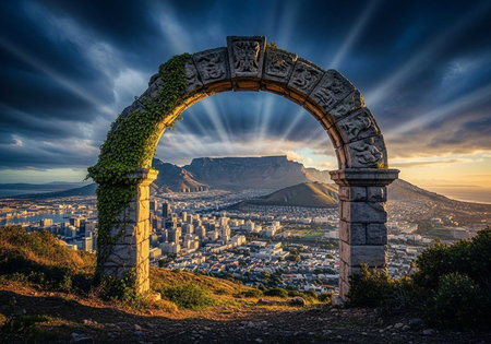 A stunning view of a cityscape with an ancient stone arch in the foreground and a majestic mountain in the background at sunsetの写真素材
