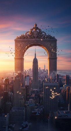 A stunning cityscape at sunset featuring an ornate archway and iconic skyscrapersの写真素材