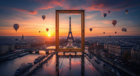 A stunning view of the Eiffel Tower at sunset with hot air balloons floating above the city of Parisの写真素材