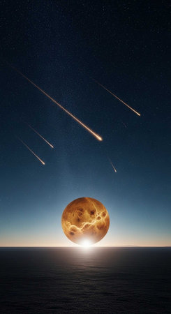 A stunning celestial scene with a large moon and multiple shooting stars in the night sky over the oceanの写真素材