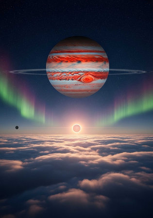 A stunning celestial scene with a large planet and its rings above a sunset over cloudsの写真素材