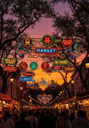 A vibrant market street at sunset with colorful neon signs and a lively crowd of peopleの写真素材