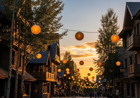 A charming street at sunset adorned with numerous hanging lanterns, lined with wooden buildings and trees.の写真素材