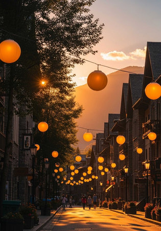 A serene evening street scene with warm lanterns hanging overhead, people walking, and a mountain backdrop.の写真素材