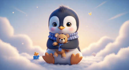 Charming 3D penguin with blue scarf holding a brown teddy bear among fluffy clouds.の写真素材