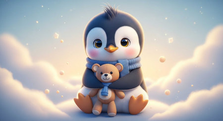 Charming 3D penguin with a scarf hugging a teddy bear in a whimsical cloud setting.の写真素材
