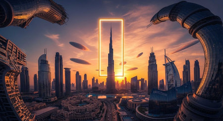 Aerial view of Dubai skyline at sunset, surrounded by modern skyscrapers and futuristic elements.の写真素材
